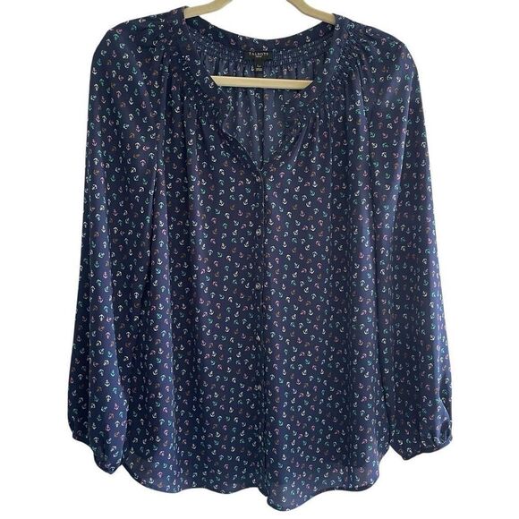 Talbots Petite Nautical Boat Anchor Print Long Sleeve Navy Blouse Top Sz Large - Picture 1 of 5